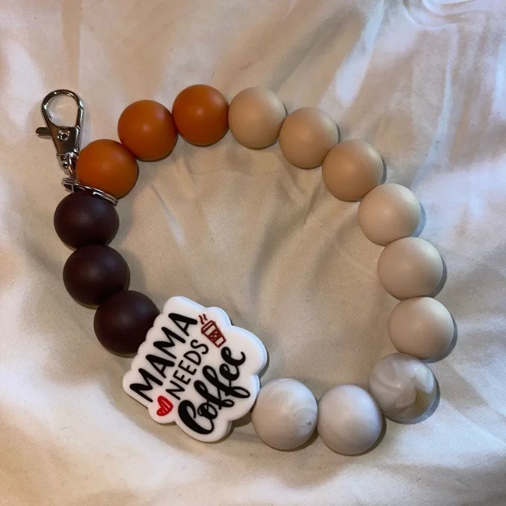 Keychain bracelet wristlet silicone beaded Mama Needs Coffee NEW handmade clasp